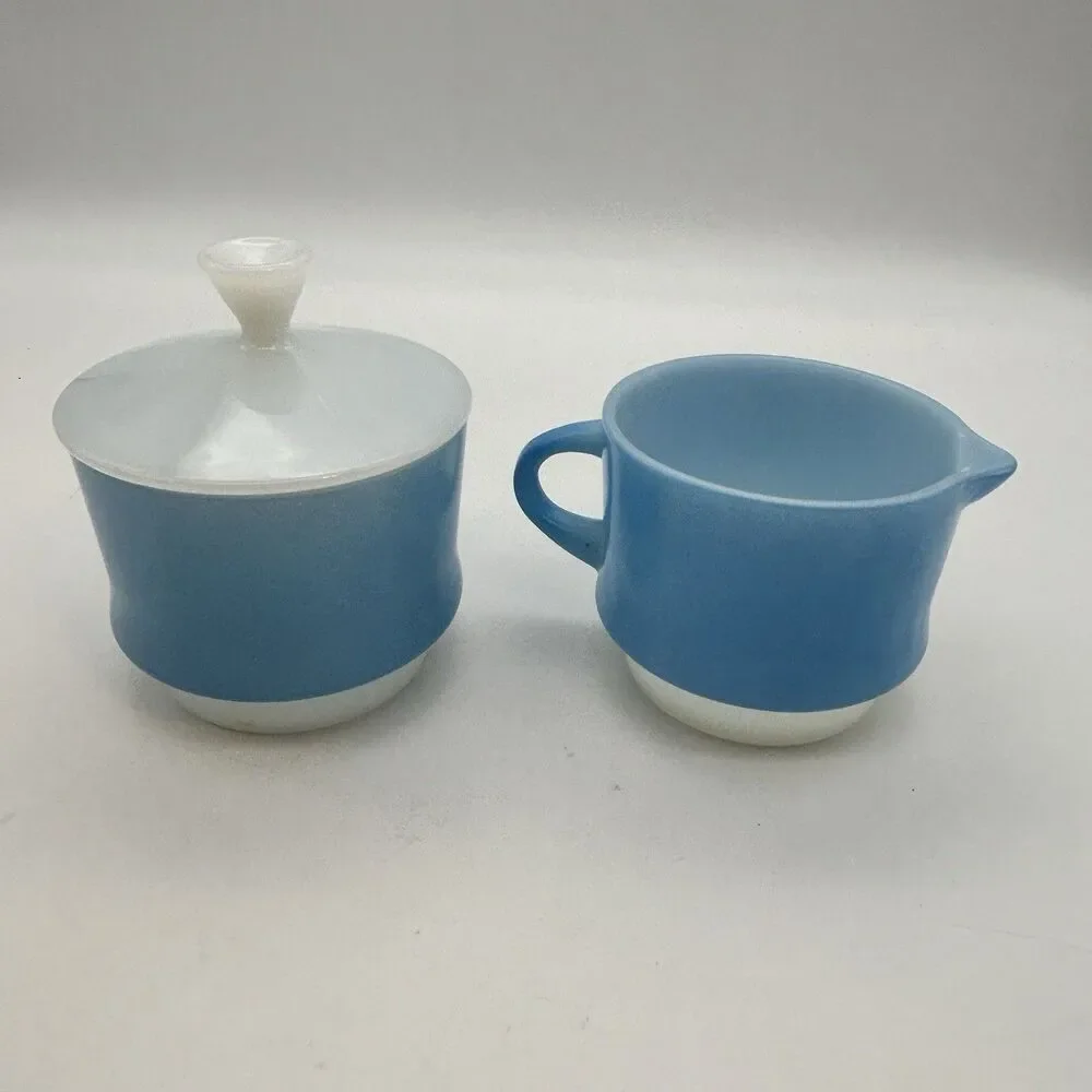 Vintage Fire-King Blue Mosaic Sugar Bowl & Creamer Set w/Lid Milk Glass
